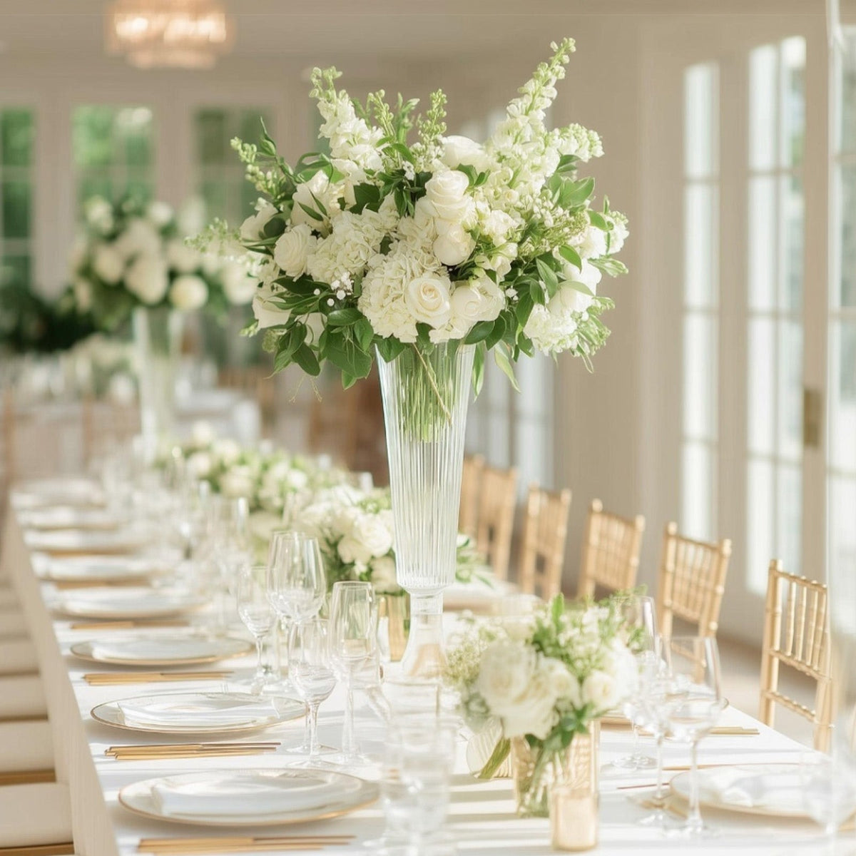 2-Pack Glass Trumpet Vases Ribbed Design 32" Clear - Heavy Duty Floral Wedding Centerpieces