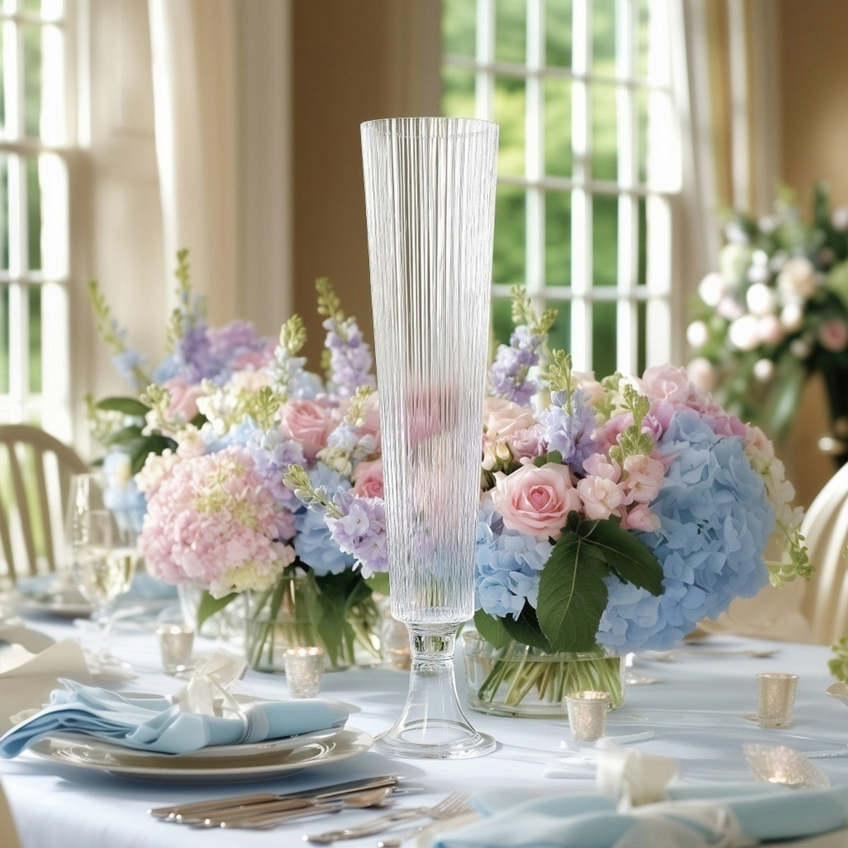 2-Pack Glass Trumpet Vases Ribbed Design 32" Clear - Heavy Duty Floral Wedding Centerpieces