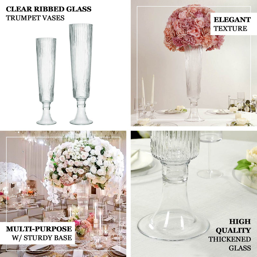 2-Pack Glass Trumpet Vases Ribbed Design 32" Clear - Heavy Duty Floral Wedding Centerpieces