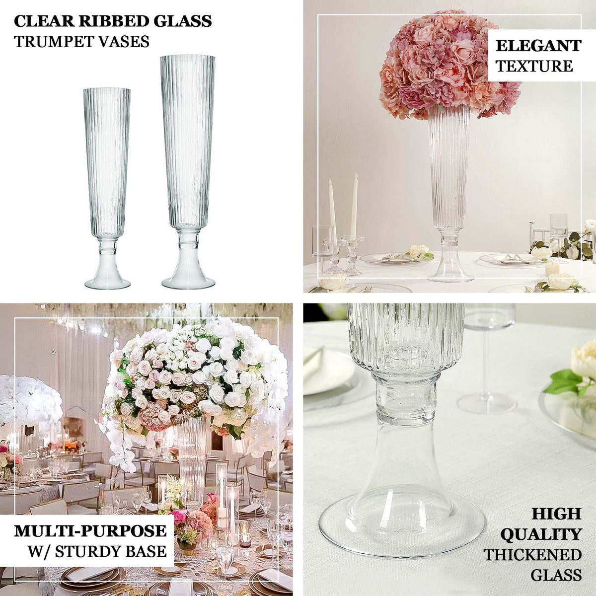 2-Pack Glass Trumpet Vases Ribbed Design 32" Clear - Heavy Duty Floral Wedding Centerpieces