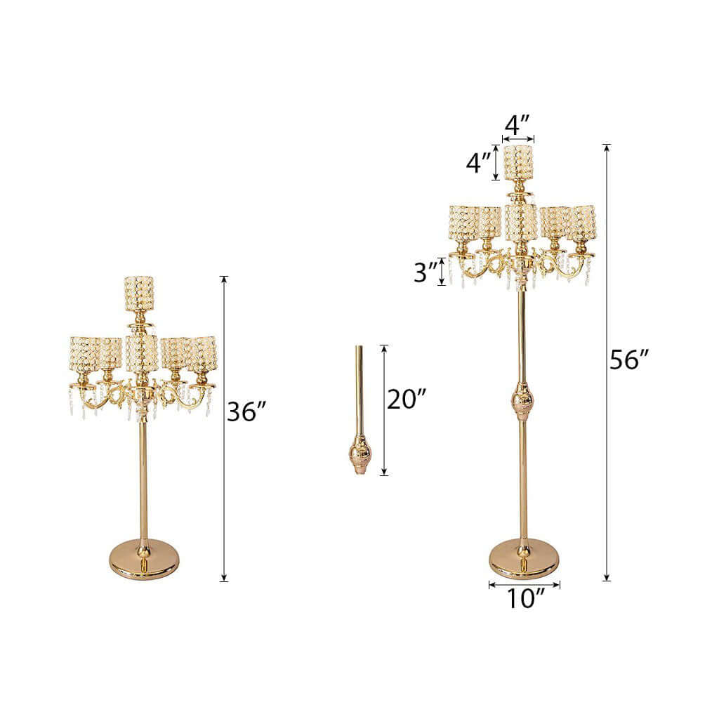 Metal Pearl Beaded Candelabra in Gold 6-Arm with Crystal Chandelier Pendants, Adjustable Table Centerpiece
