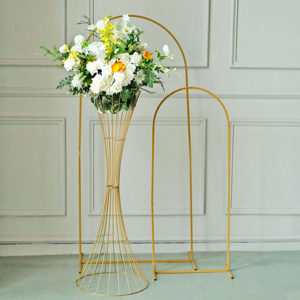 Gold Metal Wire Trumpet Shaped Flower Centerpiece Stand, Hourglass Open Frame Reversible Pedestal Prop 48" Tall