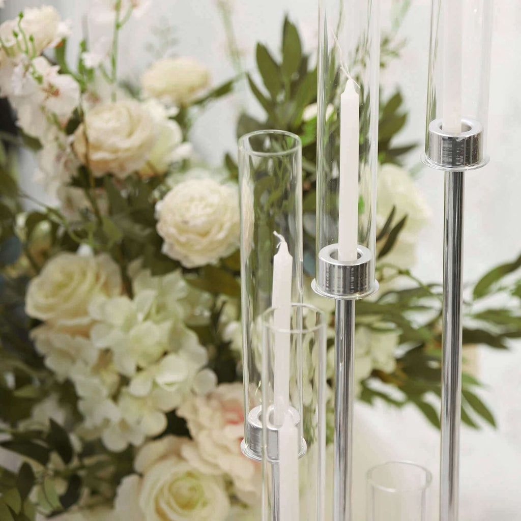 8 Arm Cluster Taper Candle Holder 42" Silver With Clear Glass Shades - Large Candle Arrangement