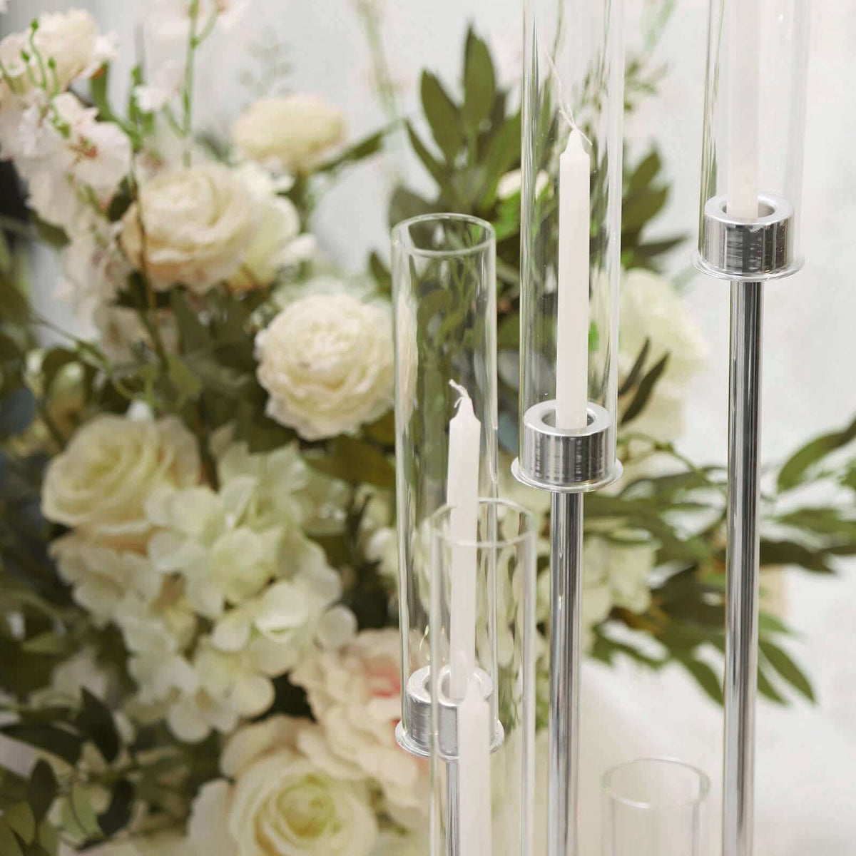 8 Arm Cluster Taper Candle Holder 42" Silver With Clear Glass Shades - Large Candle Arrangement