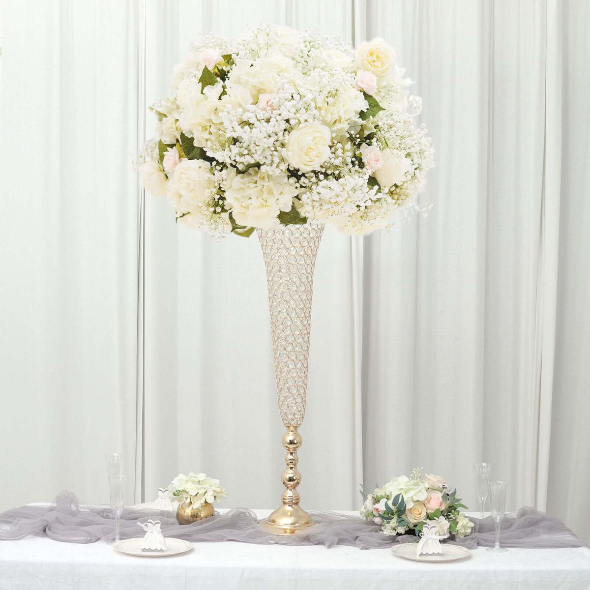 2-Pack Crystal Beaded Trumpet Vase Set 40" Gold - Table Centerpiece for Grand Occasions