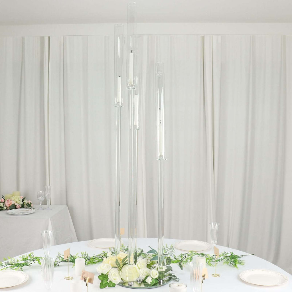 5-Arm Crystal Cluster Taper Candelabra with Round Mirror Base 51" Clear - Stylish Candle Holder Table Centerpiece for Votive & Pillar Candles