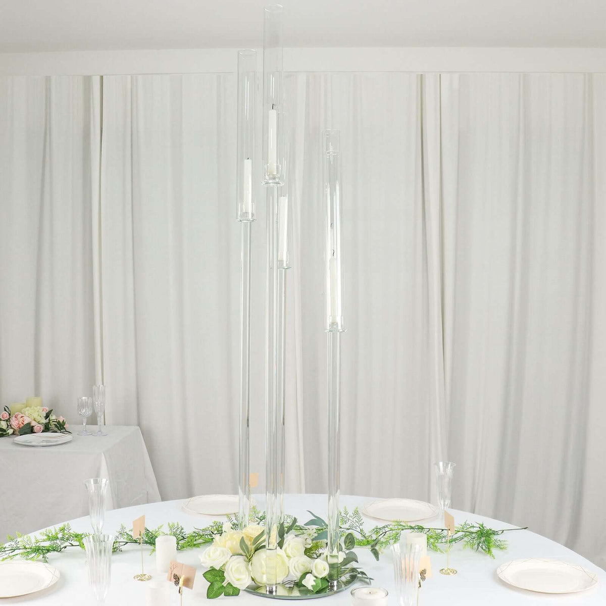 5-Arm Crystal Cluster Taper Candelabra with Round Mirror Base 51" Clear - Stylish Candle Holder Table Centerpiece for Votive & Pillar Candles