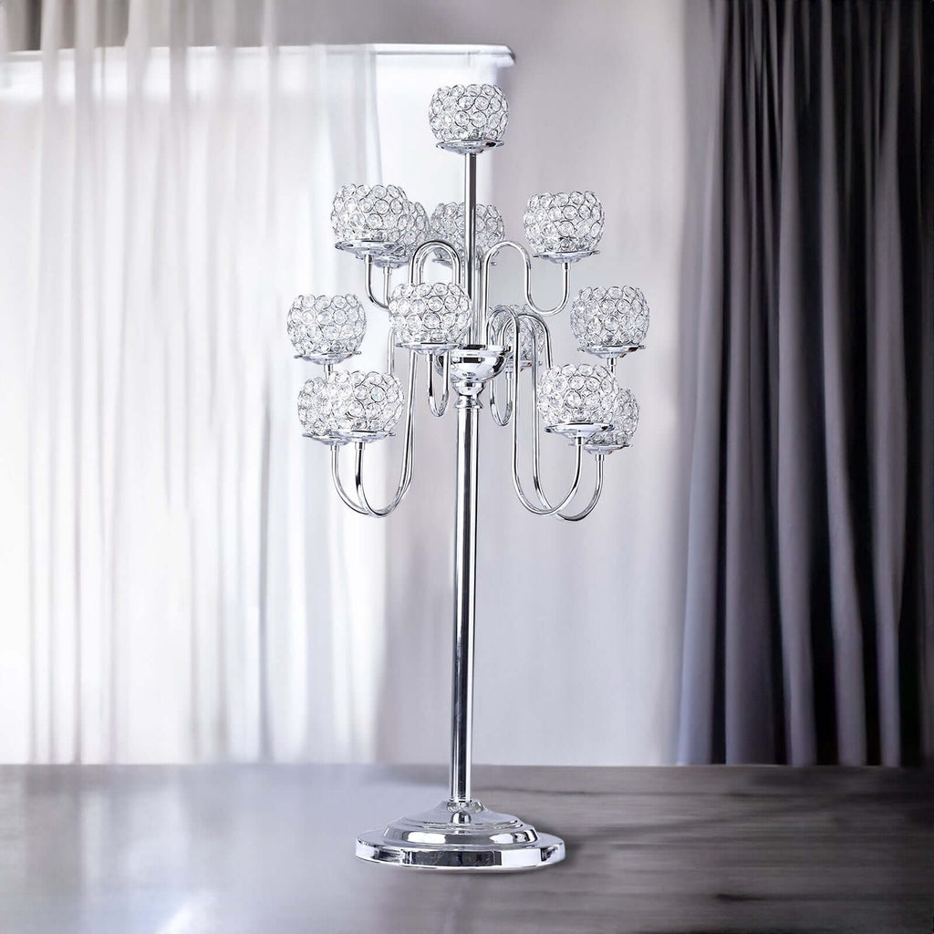 Metal Crystal Beaded Candelabra 40" Silver 13 Arm Design - Table Centerpiece for Events