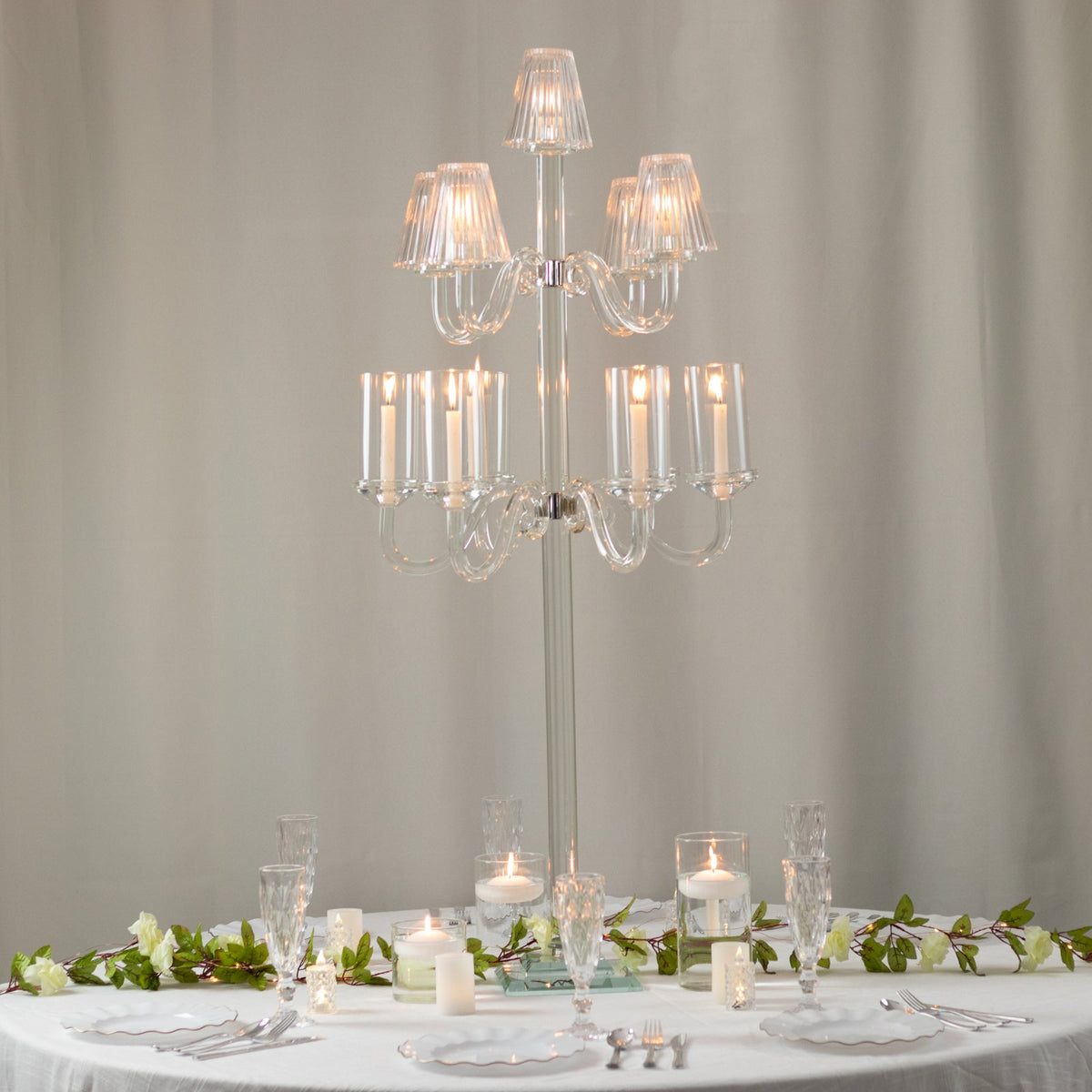 Crystal Glass Floor Candelabra – 11-Arm Candle Holder for Taper