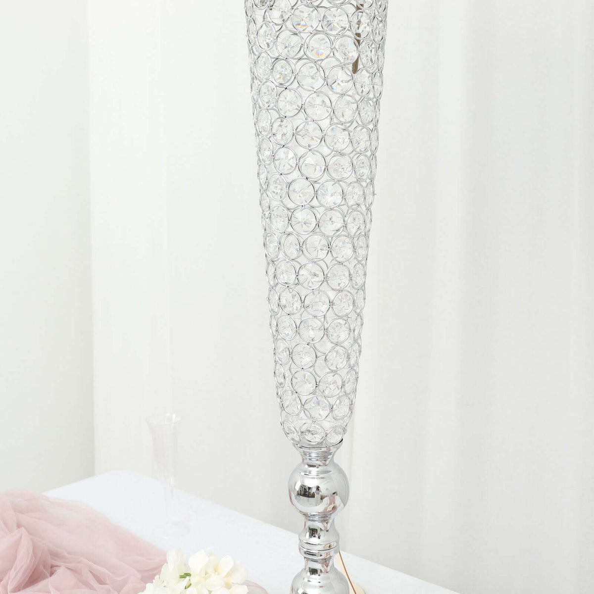 2-Pack Crystal Beaded Trumpet Vase Set 40" Silver - Table Centerpiece for Grand Occasions