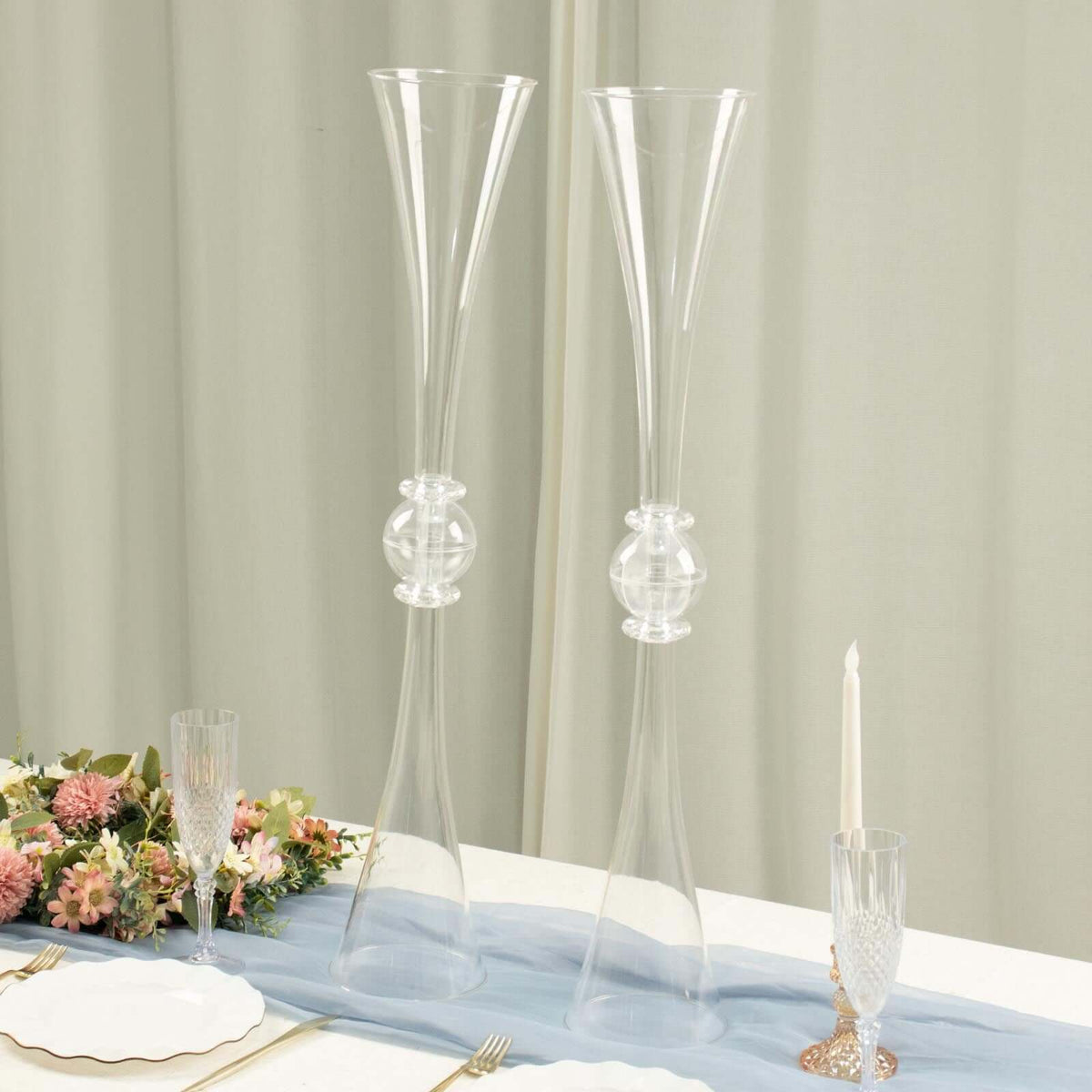 2 Pack Clear Crystal Embellishment Trumpet Table Centerpiece, Reversible Plastic Flower Vase 31"