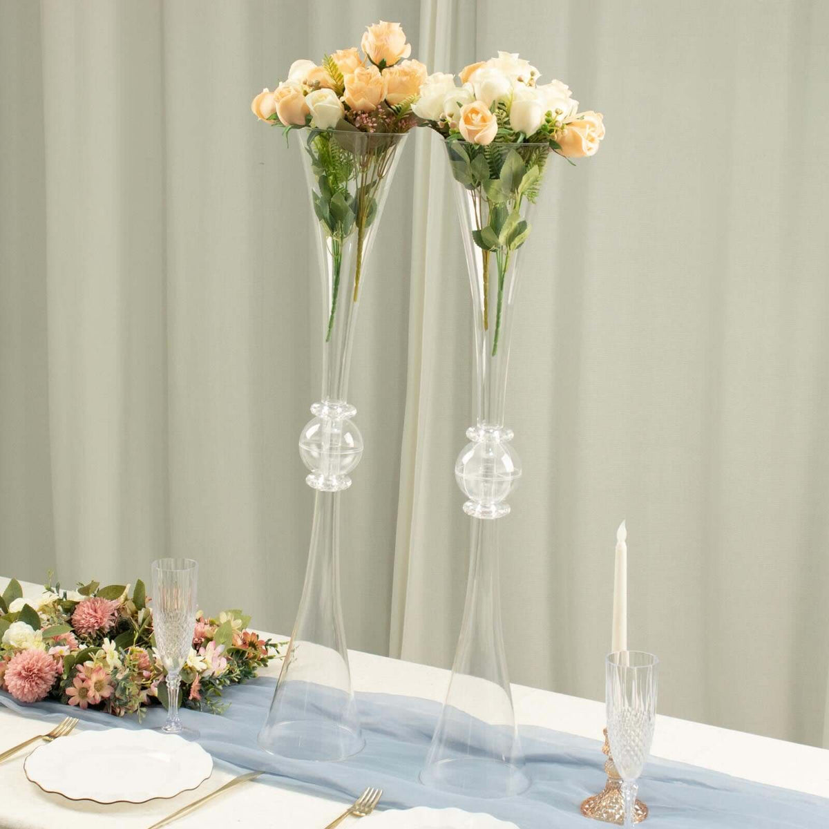 2 Pack Clear Crystal Embellishment Trumpet Table Centerpiece, Reversible Plastic Flower Vase 31"