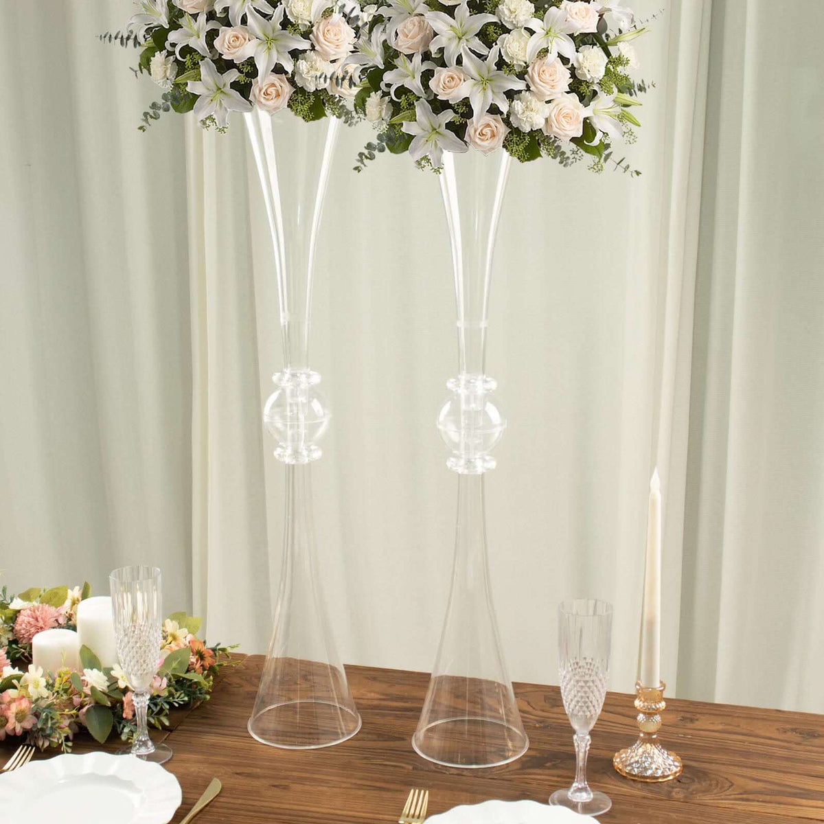 2 Pack Clear Crystal Embellishment Trumpet Table Centerpiece, Reversible Plastic Flower Vase 31"