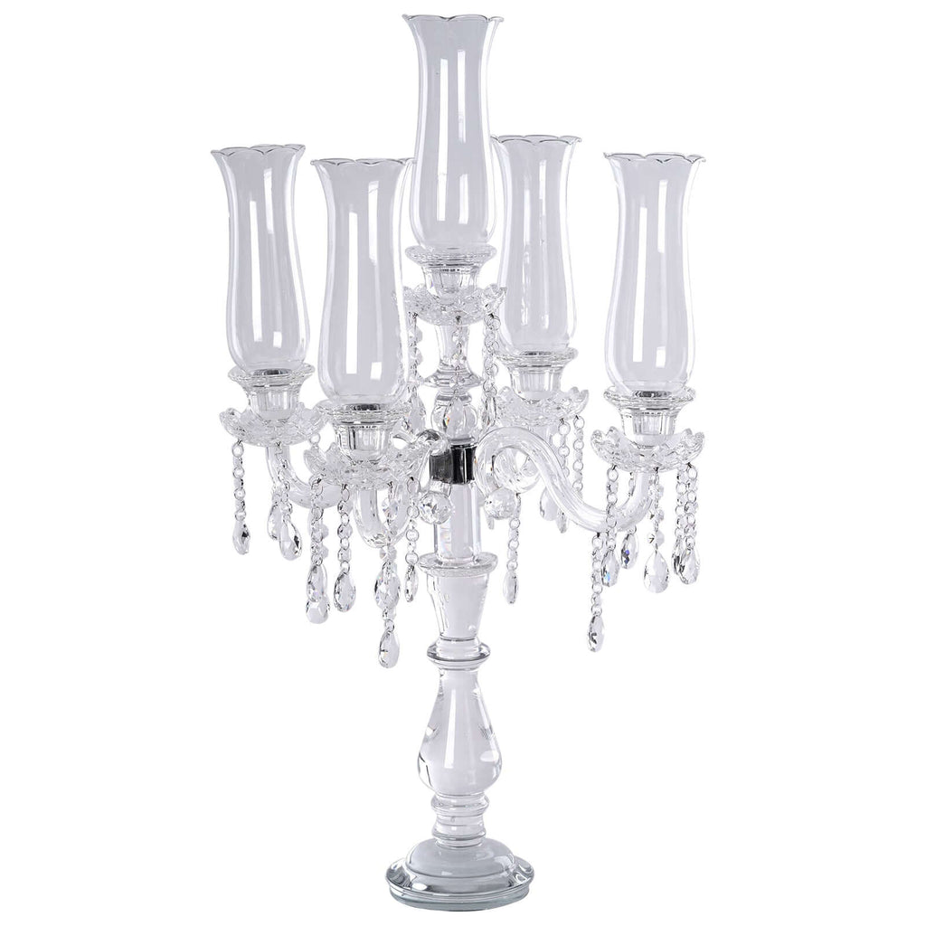 5 Arm Crystal Glass Taper Candle Holder Candelabra 32" - Stylish Table Centerpiece With Chandelier Chains