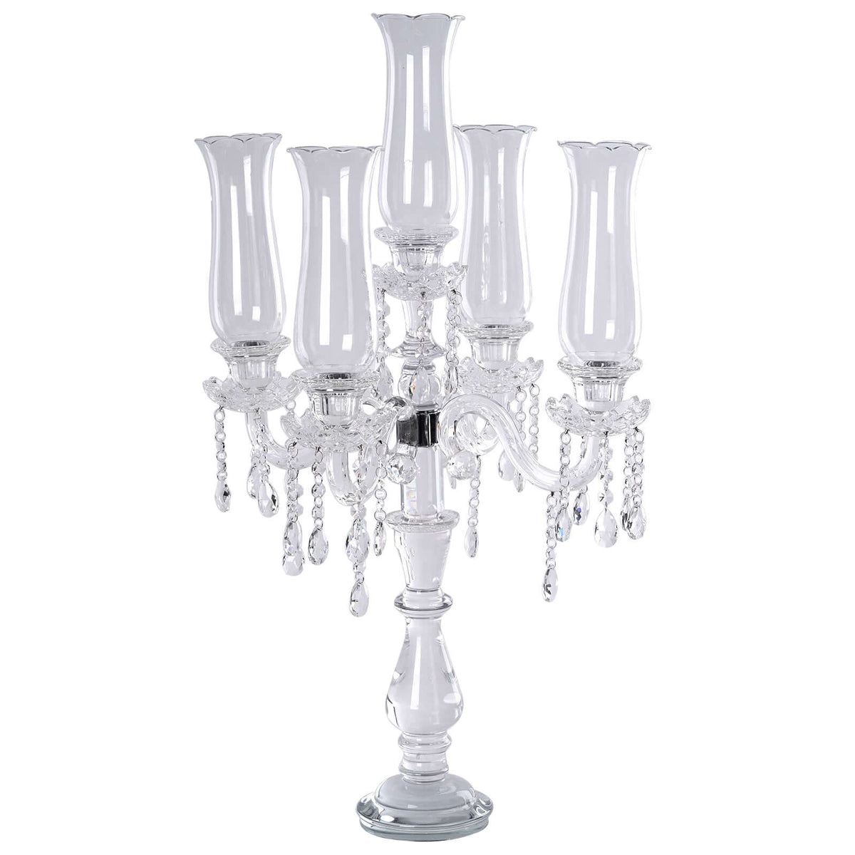 5 Arm Crystal Glass Taper Candle Holder Candelabra 32" - Stylish Table Centerpiece With Chandelier Chains