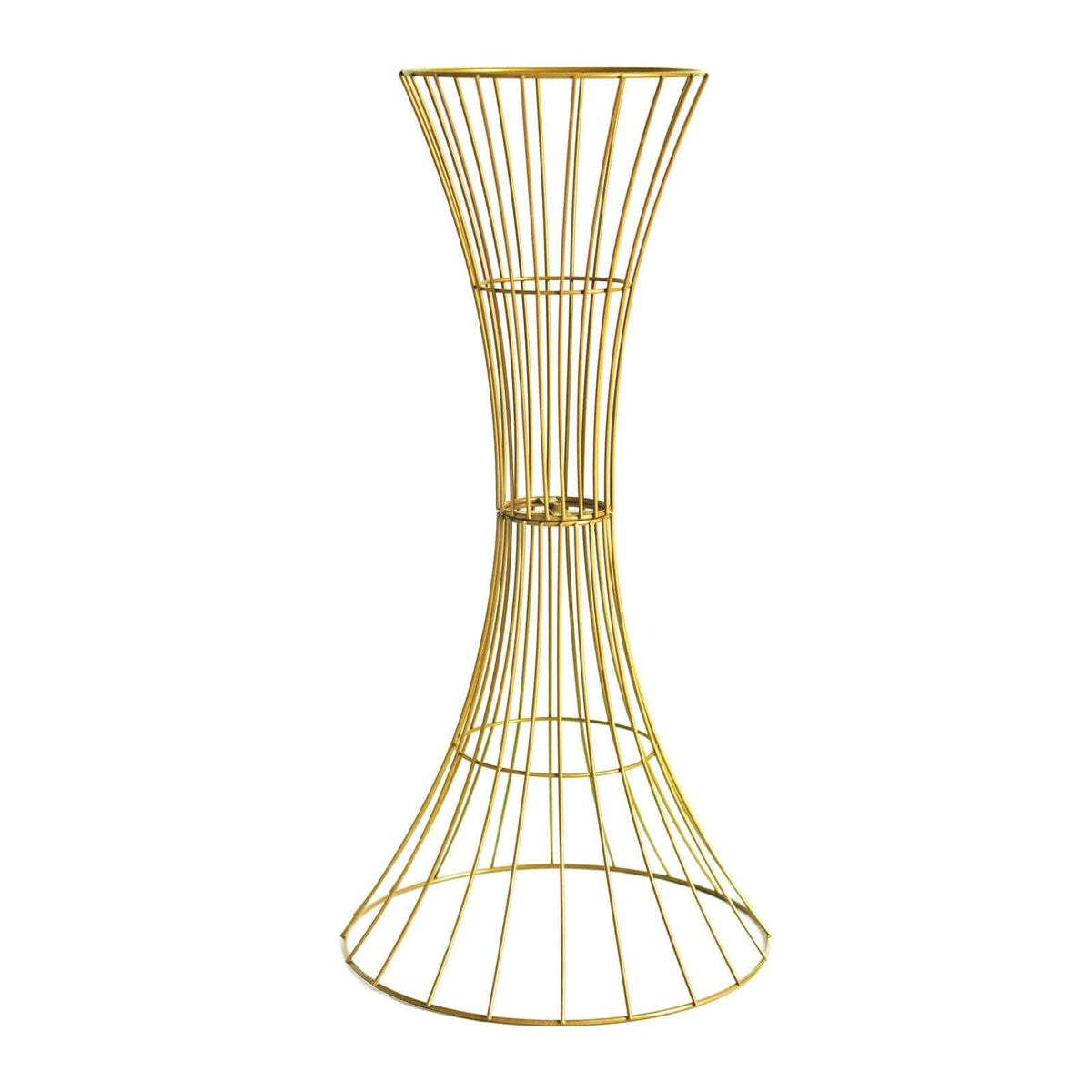 Gold Metal Wire Trumpet Shaped Flower Centerpiece Stand, Hourglass Open Frame Reversible Pedestal Prop 48" Tall