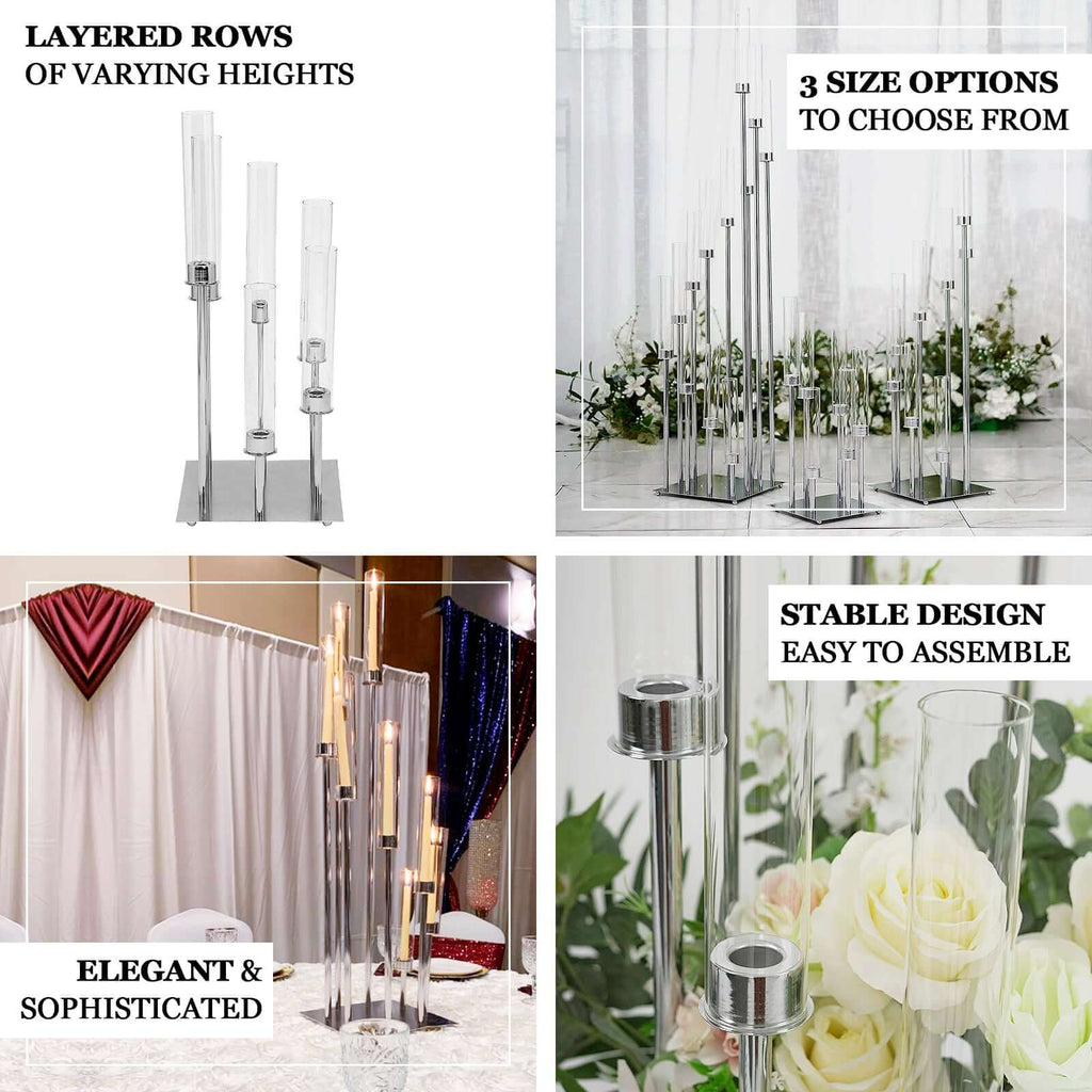 8 Arm Cluster Taper Candle Holder 42" Silver With Clear Glass Shades - Large Candle Arrangement