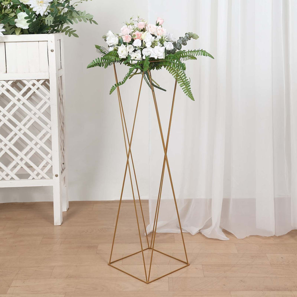 2-Pack Metal Pedestal Stands 32" Gold Geometric Crisscross Design - Open Column Wedding Centerpieces