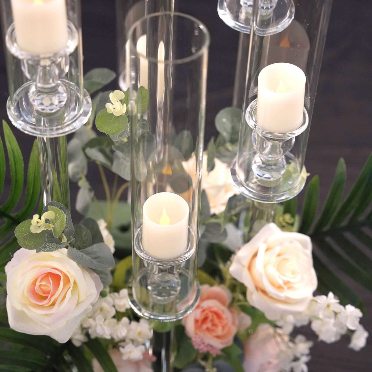 7-Arm Crystal Candelabra Round Taper Design with Mirror Base 33" Clear - Sparkling Candle Holder Table Centerpiece for Votive & Pillar Candles