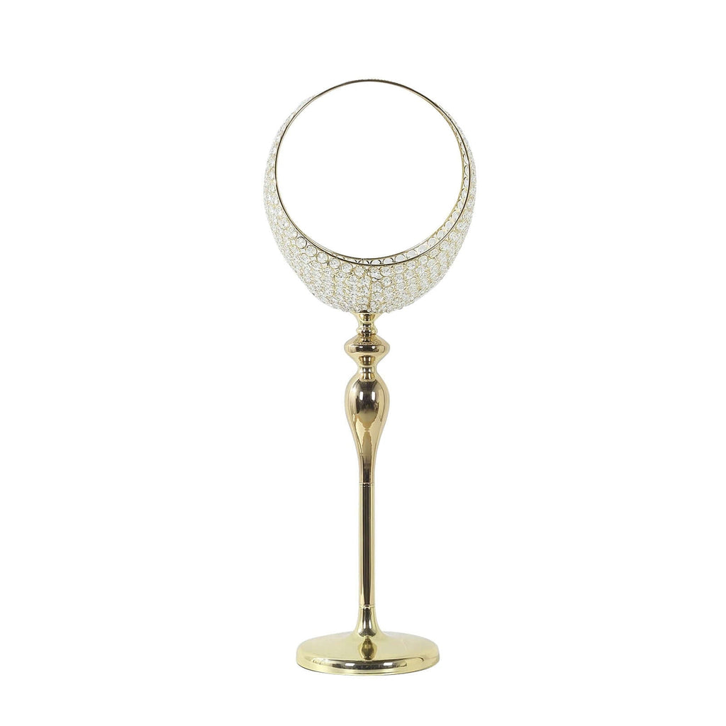 Metal Crystal Beaded Candle Holder Stand 3ft Tall - Half Moon Basket Design Gold Wedding Flower Centerpiece with Round Stable Base