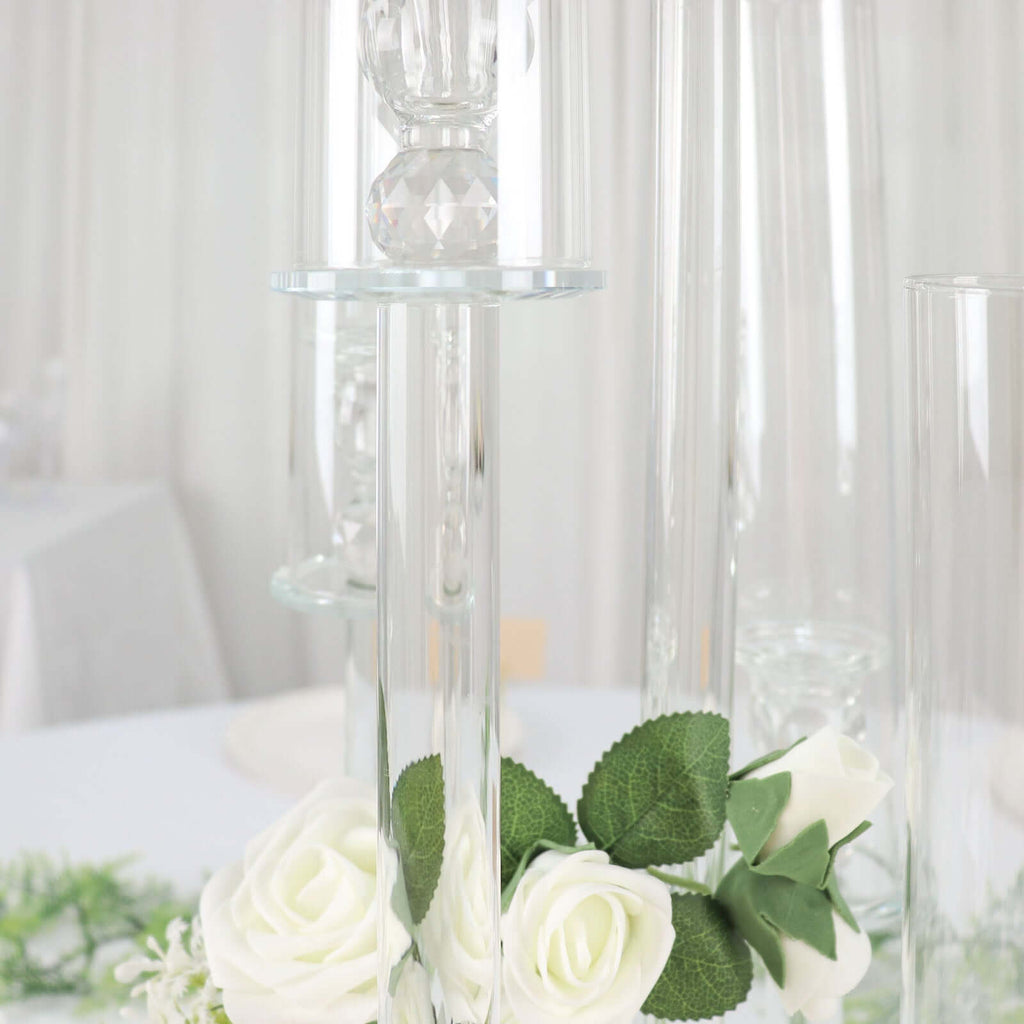 5-Arm Crystal Glass Candelabra Round Taper Design 32" Clear - Stylish Candle Holder Table Centerpiece