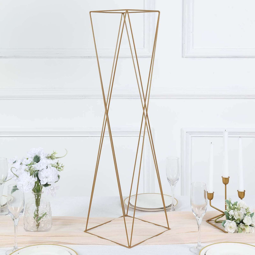 2-Pack Metal Pedestal Stands 32" Gold Geometric Crisscross Design - Open Column Wedding Centerpieces