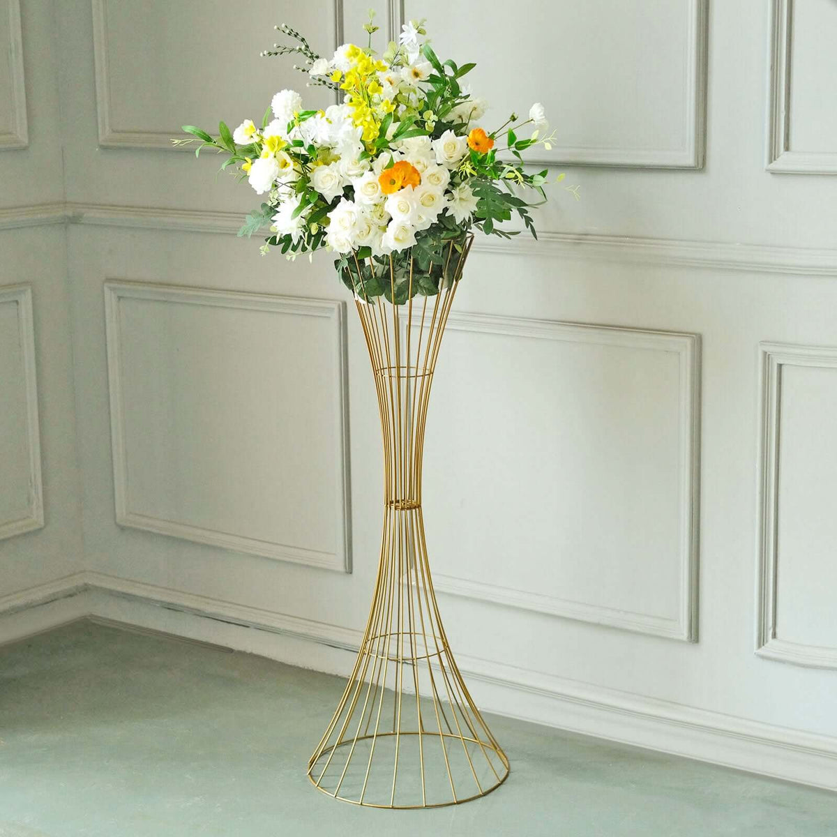 Gold Metal Wire Trumpet Shaped Flower Centerpiece Stand, Hourglass Open Frame Reversible Pedestal Prop 48" Tall