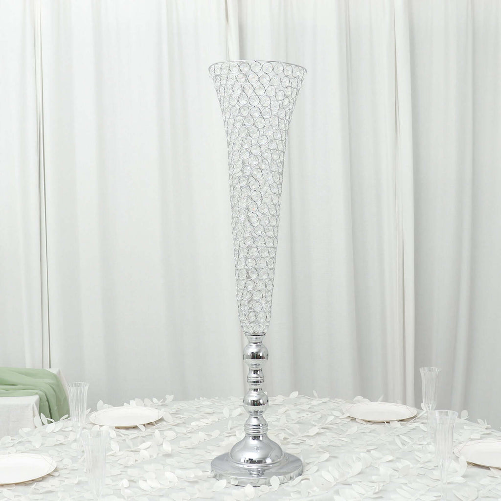 2-Pack Crystal Beaded Trumpet Vase Set 40" Silver - Table Centerpiece for Grand Occasions