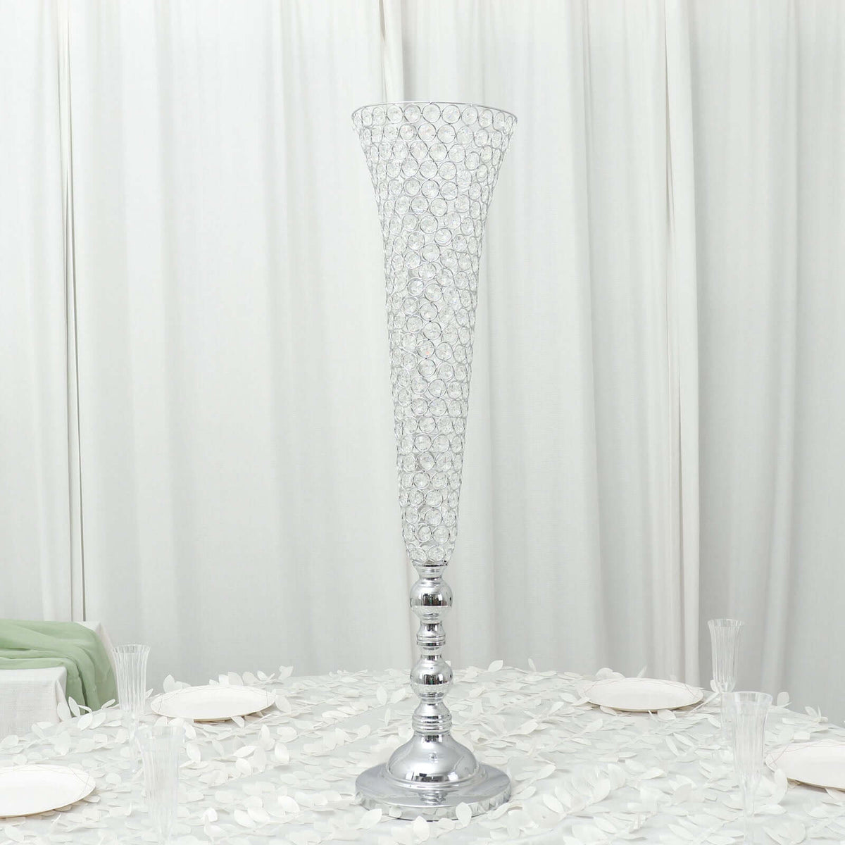 2-Pack Crystal Beaded Trumpet Vase Set 40" Silver - Table Centerpiece for Grand Occasions