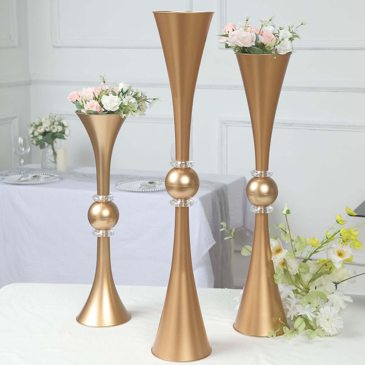 2 Pack Gold Crystal Embellishment Trumpet Table Centerpiece, Reversible Plastic Flower Vase 31"