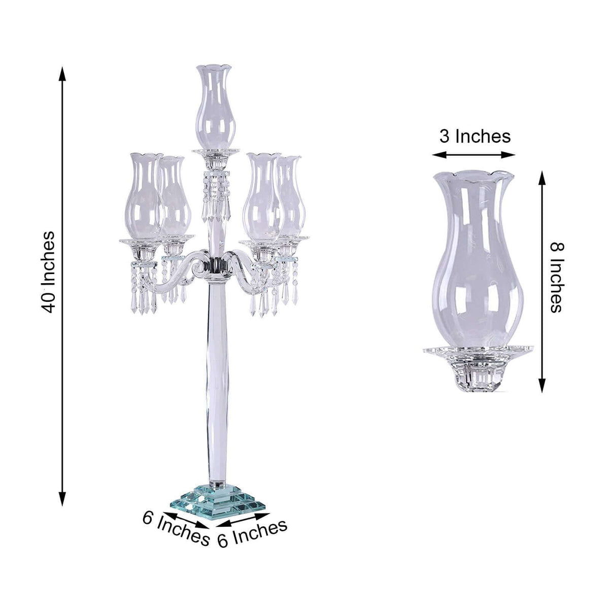 5 Arm Crystal Glass Taper Candle Holder Candelabra 40" - Luxurious Table Centerpiece With Chandelier Chains