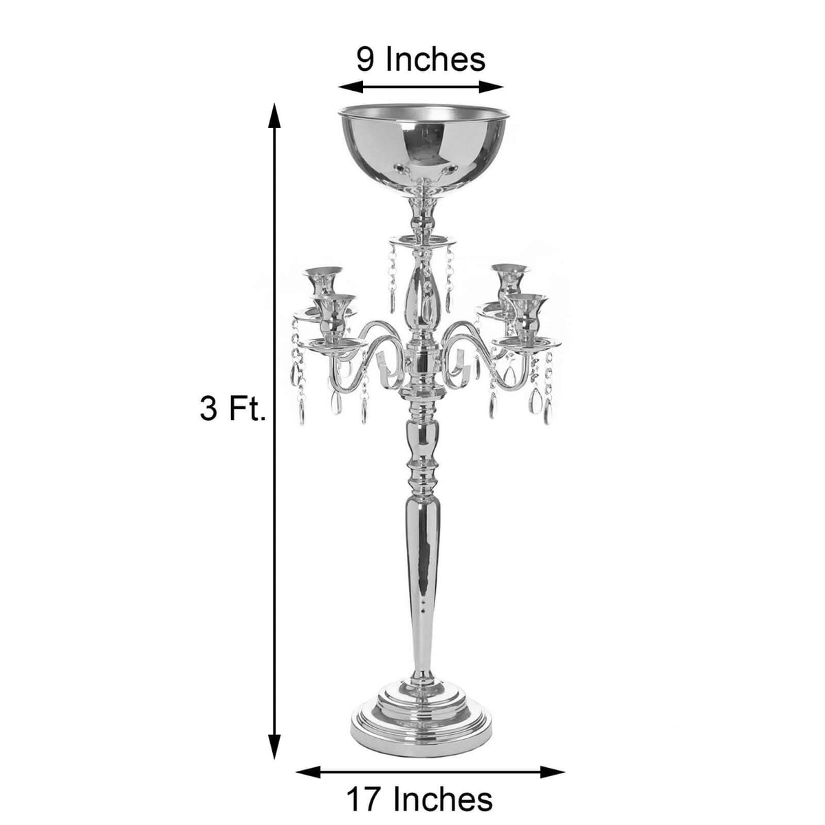Metal Candelabra 33" 4 Arm Design Silver with Flower Vase Bowl - Table Centerpiece for Weddings