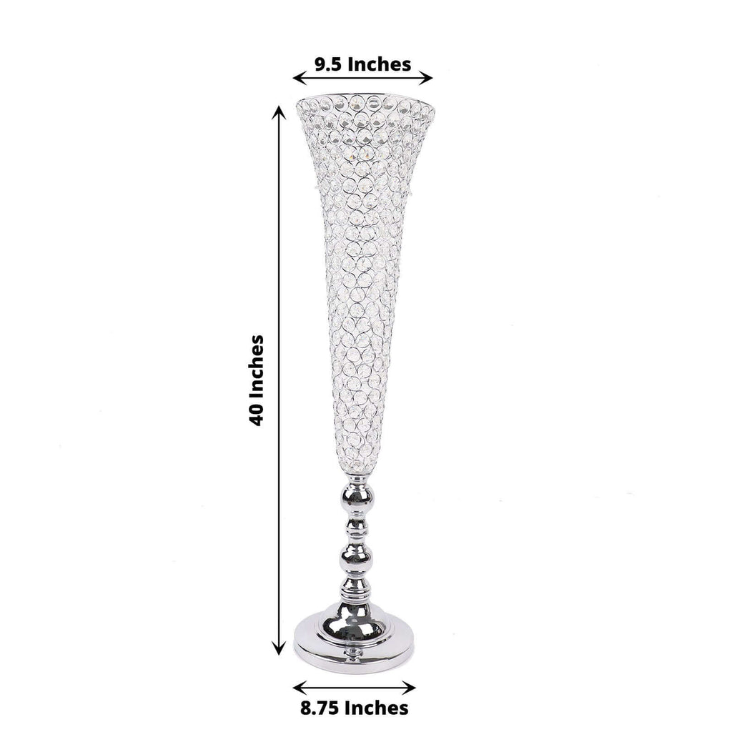 2-Pack Crystal Beaded Trumpet Vase Set 40" Silver - Table Centerpiece for Grand Occasions