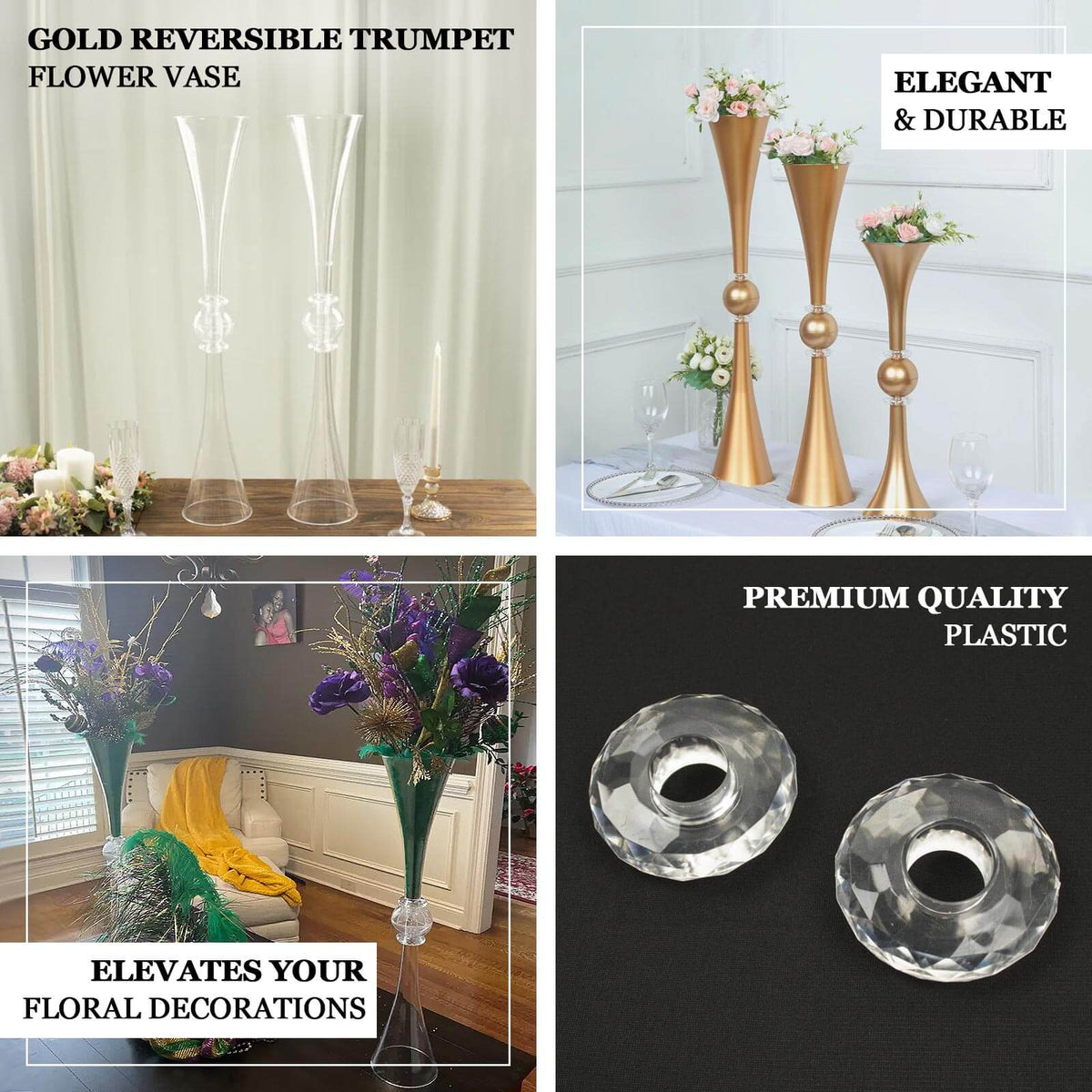 2 Pack Gold Crystal Embellishment Trumpet Table Centerpiece, Reversible Plastic Flower Vase 31"