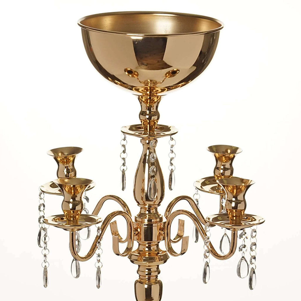 Metal Candelabra 33" 4 Arm Design Gold with Flower Vase Bowl - Table Centerpiece for Weddings