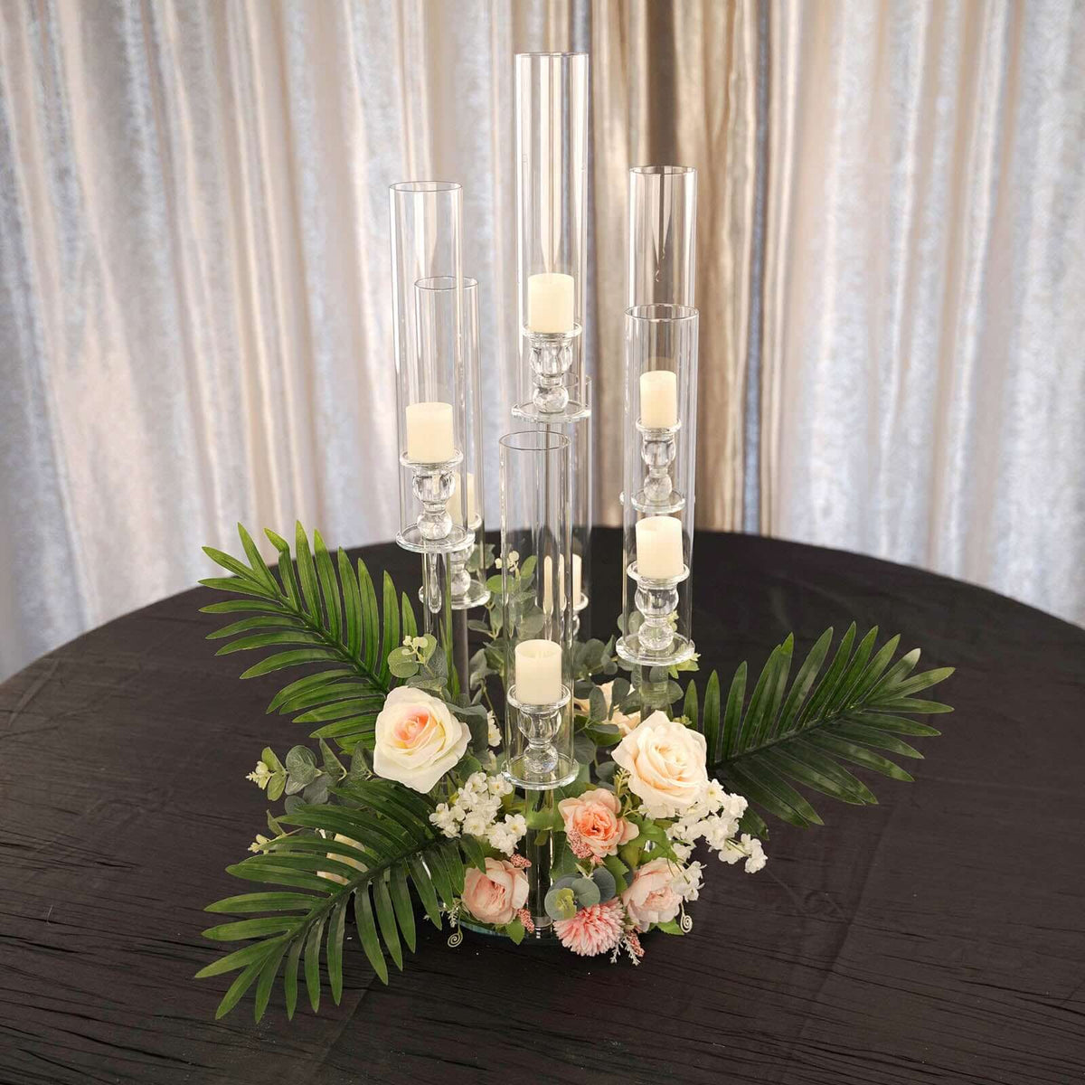 7-Arm Crystal Candelabra Round Taper Design with Mirror Base 33" Clear - Sparkling Candle Holder Table Centerpiece for Votive & Pillar Candles