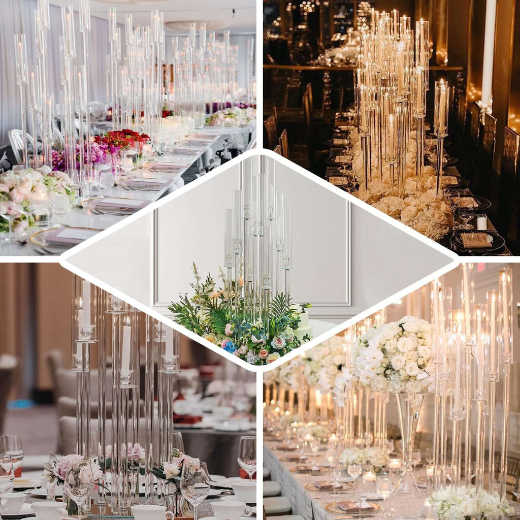 5-Arm Crystal Cluster Taper Candelabra with Round Mirror Base 51" Clear - Stylish Candle Holder Table Centerpiece for Votive & Pillar Candles