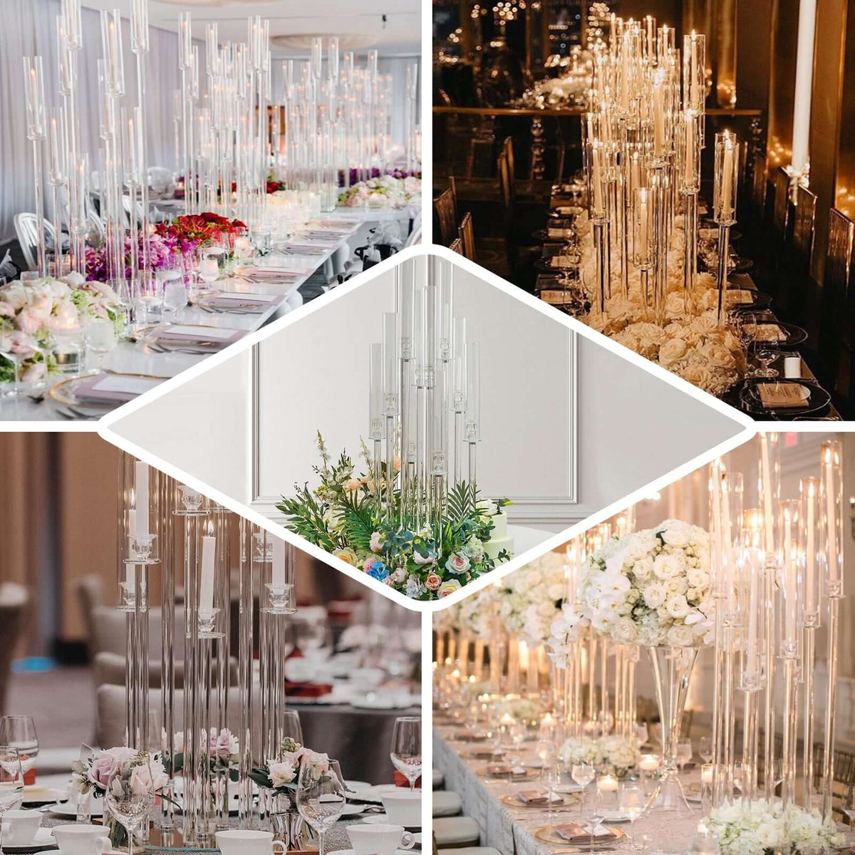 5-Arm Crystal Cluster Taper Candelabra with Round Mirror Base 51" Clear - Stylish Candle Holder Table Centerpiece for Votive & Pillar Candles