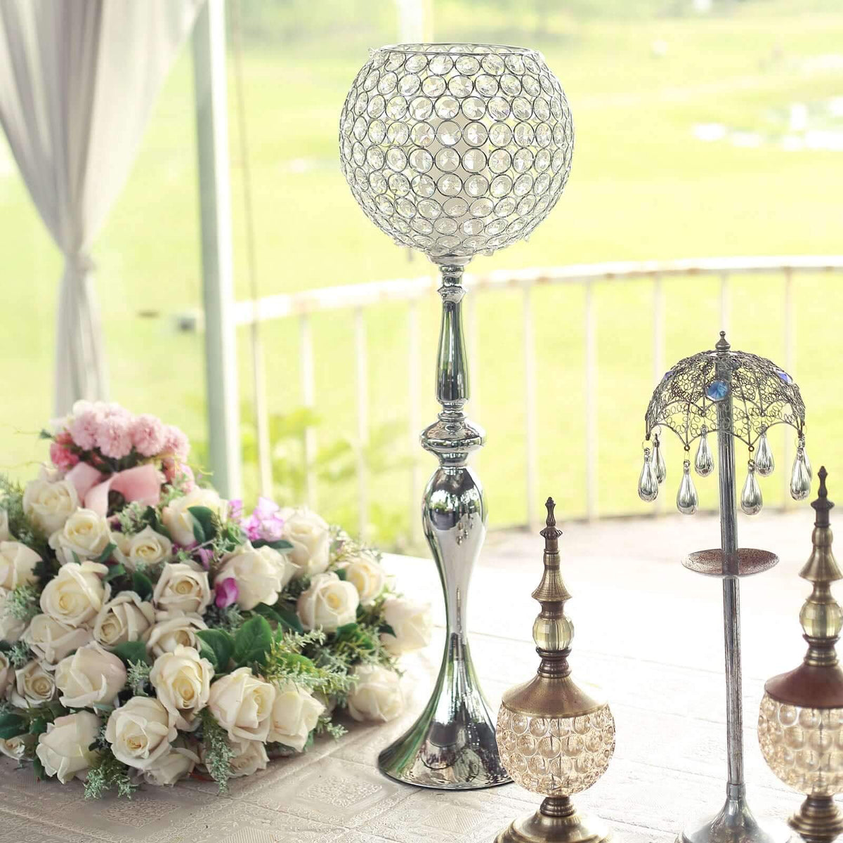 Acrylic Crystal Beaded Goblet Candle Holder 30" Silver - Majestic Flower Ball Centerpiece Stand for Wedding Party Event Decor