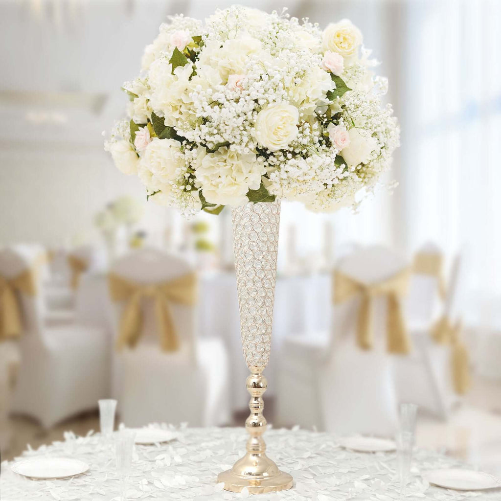 2-Pack Crystal Beaded Trumpet Vase Set 40" Gold - Table Centerpiece for Grand Occasions