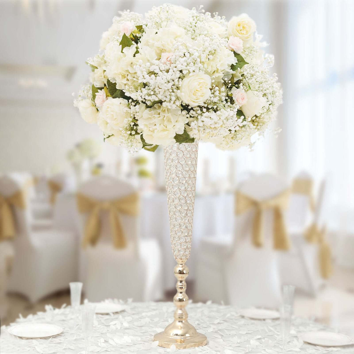 2-Pack Crystal Beaded Trumpet Vase Set 40" Gold - Table Centerpiece for Grand Occasions