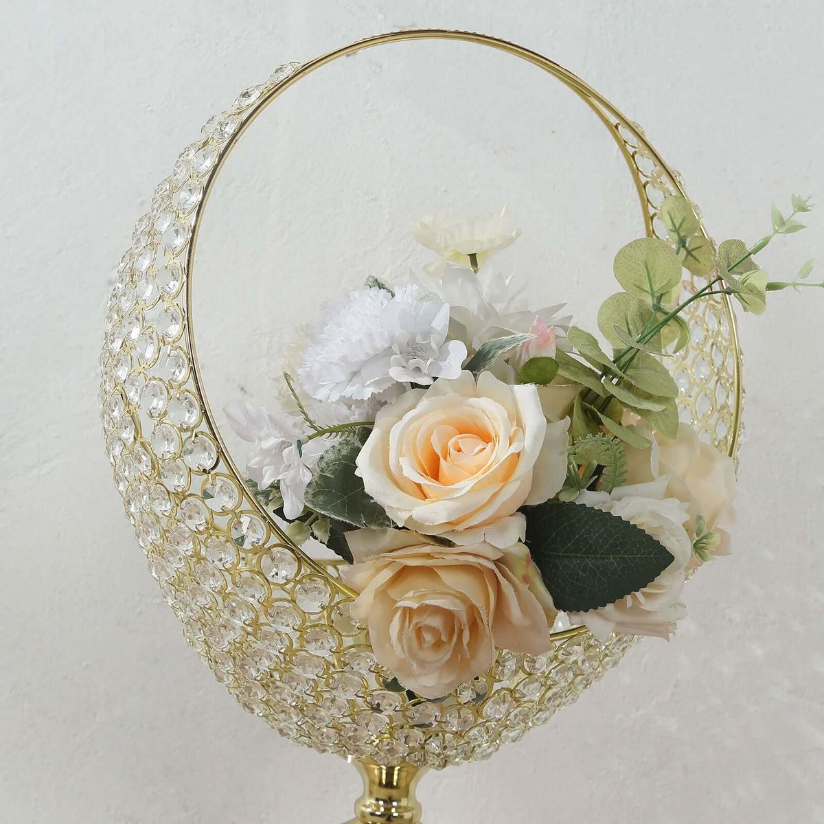 Metal Crystal Beaded Candle Holder Stand 3ft Tall - Half Moon Basket Design Gold Wedding Flower Centerpiece with Round Stable Base