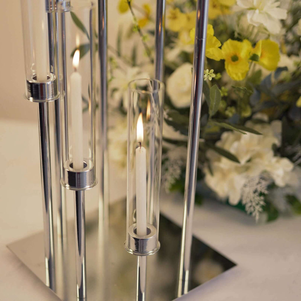 8 Arm Cluster Taper Candle Holder 42" Silver With Clear Glass Shades - Large Candle Arrangement