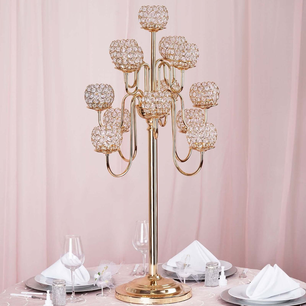 Metal Crystal Beaded Candelabra 40" Gold 13 Arm Design - Table Centerpiece for Events