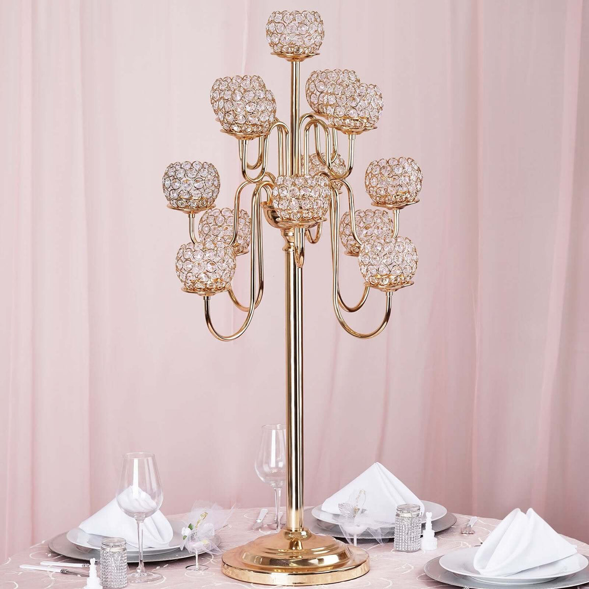Metal Crystal Beaded Candelabra 40" Gold 13 Arm Design - Table Centerpiece for Events