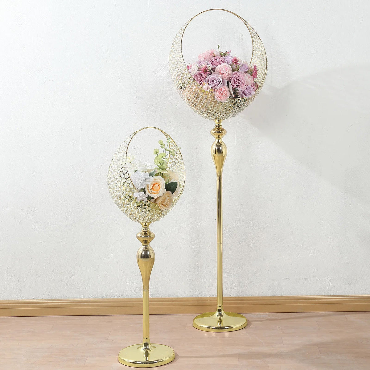 Metal Crystal Beaded Candle Holder Stand 4.5ft Tall - Half Moon Basket Design Gold Wedding Flower Centerpiece with Round Stable Base