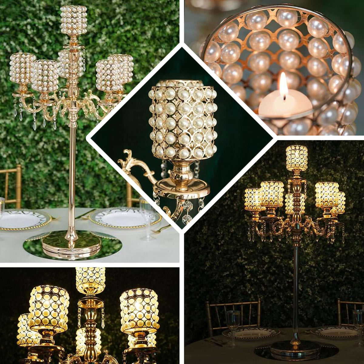 Metal Pearl Beaded Candelabra in Gold 6-Arm with Crystal Chandelier Pendants, Adjustable Table Centerpiece