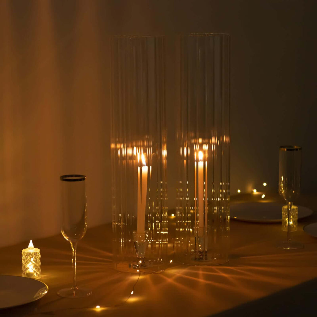 2-Pack Ribbed Glass Candelabra Shades Open End Hurricane Design 20" Clear - Sleek Table Centerpiece for Stylish Decor