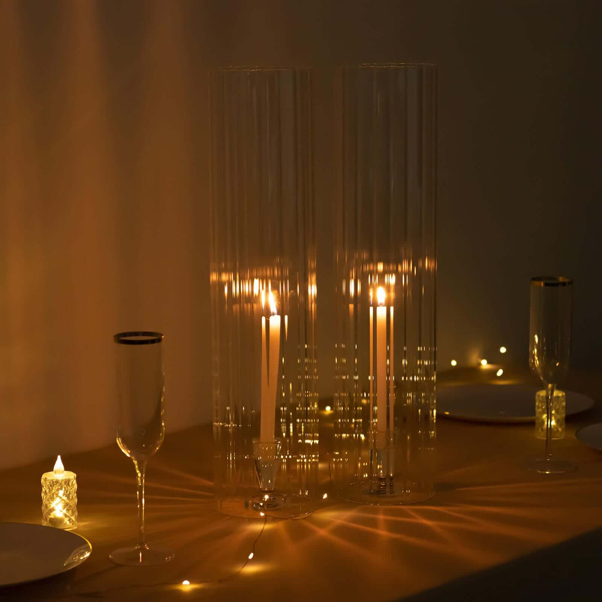 2-Pack Ribbed Glass Candelabra Shades Open End Hurricane Design 20" Clear - Sleek Table Centerpiece for Stylish Decor
