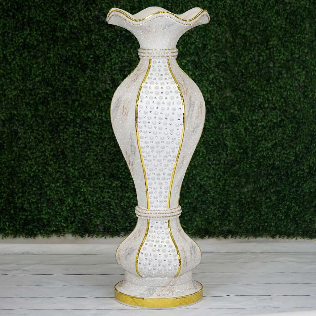 Shimmering Gold Glittered Marble Design Flower Pot Vase With Pearls and Mirror Mosaic Embellishment 40"